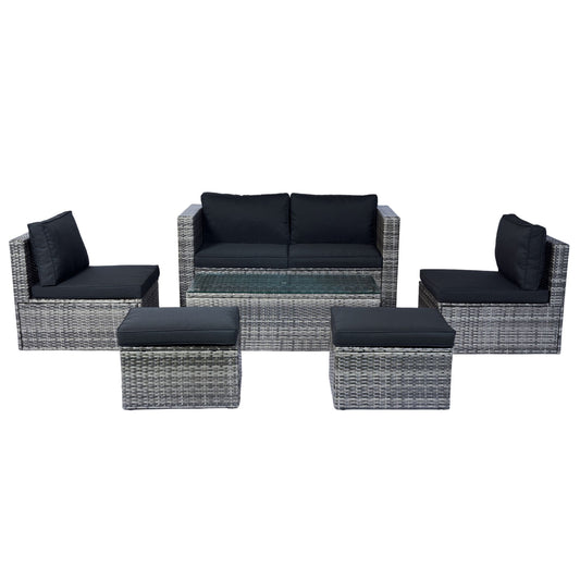 6 Piece Patio Wicker Sectional Set Patio Backyard Conversation Set Space Saving - Gray / Black