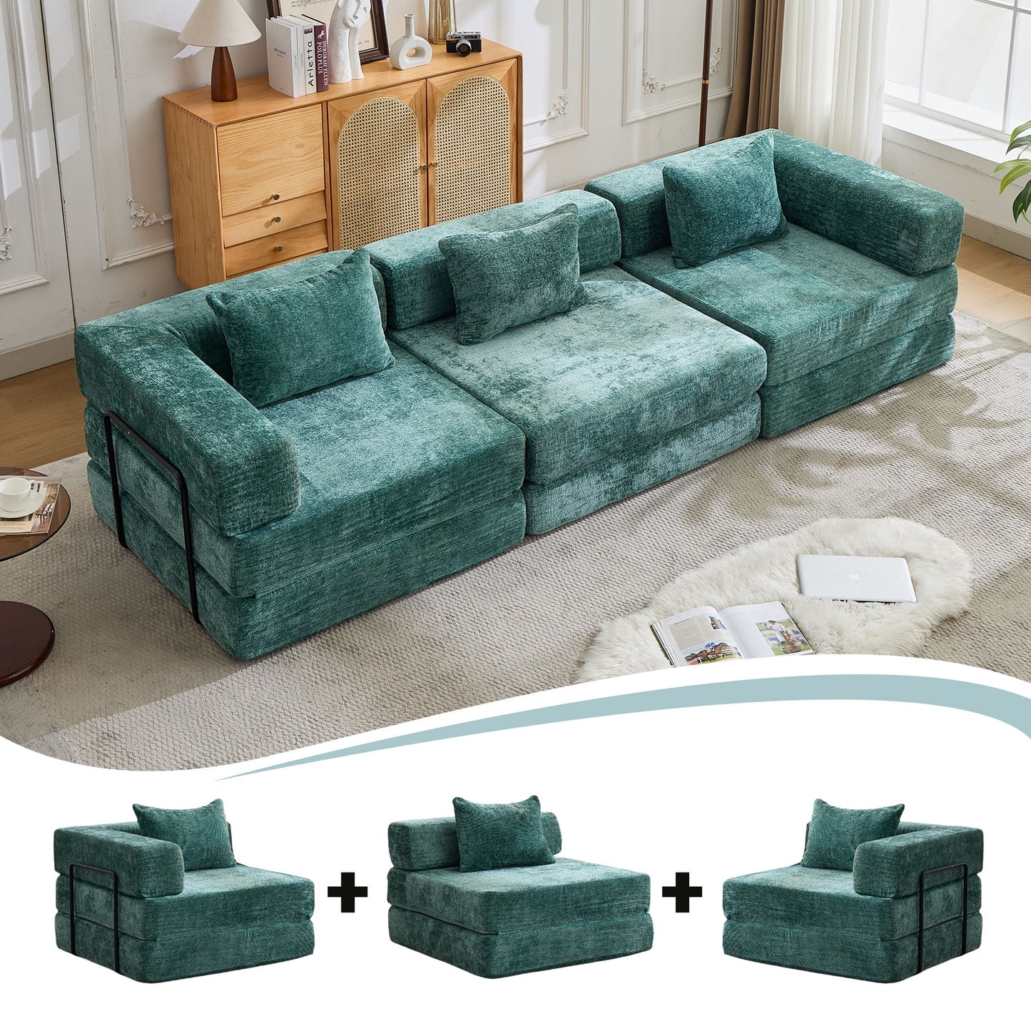 Convertible Floor Sofa Bed With Fixed Shape Frame, Boneless Modular Sectional Sofa, For Living Room - Dark Green