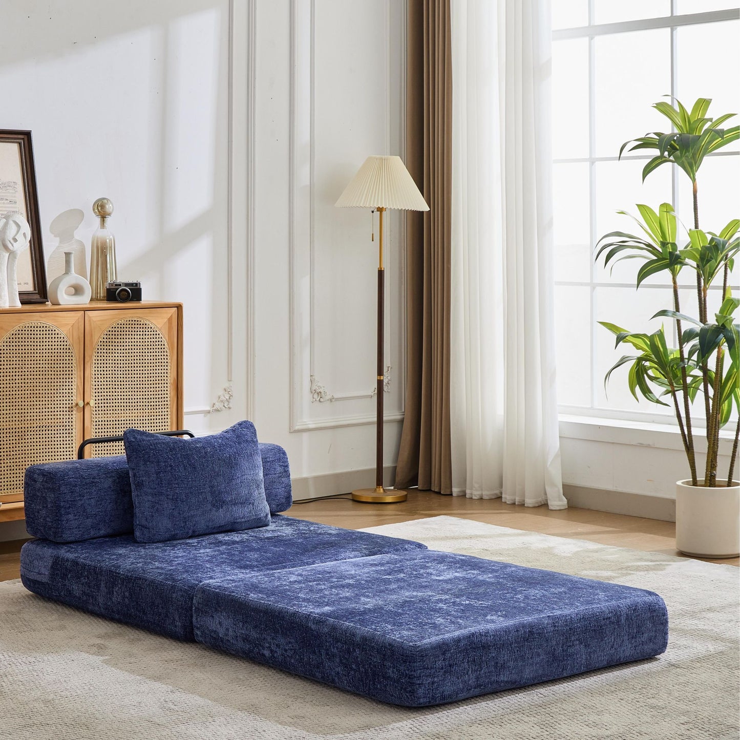 Convertible Floor Sofa Bed With Fixed Shape Frame For Living Room - Dark Blue