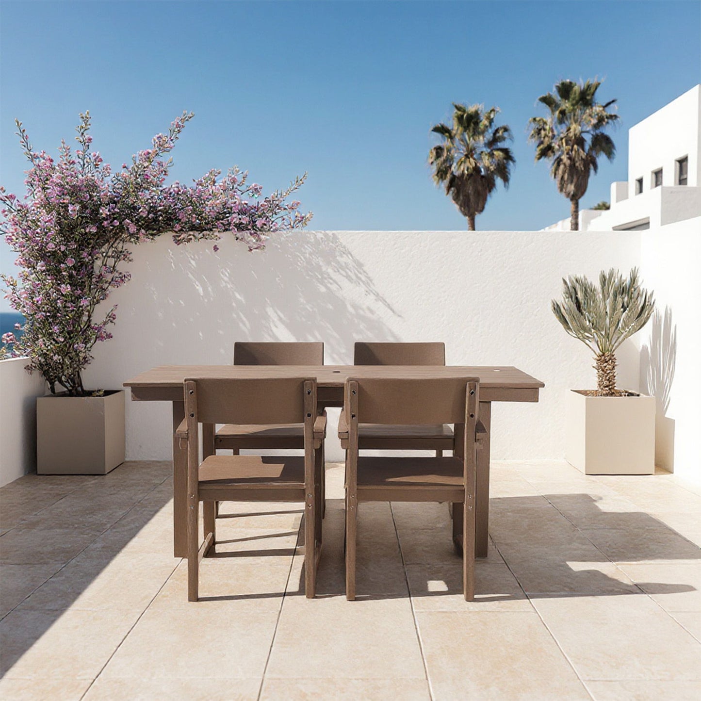 5 Piece Outdoor Dining Set For 4, Patio Table With Umbrella Hole And 4 Armrest Chairs For Backyard, Lawn, Deck, Or Poolside - Brown