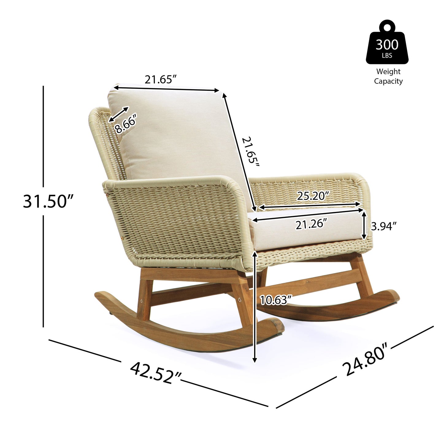 Cushioned Rattan Rocking Chairs With Wooden Accent Table Modern 3 Piece Outdoor Seating Set For Patio Relaxation - Ivory