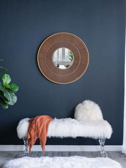 Round Carter Wooden Mirror WithIron Frame Neutral Colorway Wall Decor For Live Space
