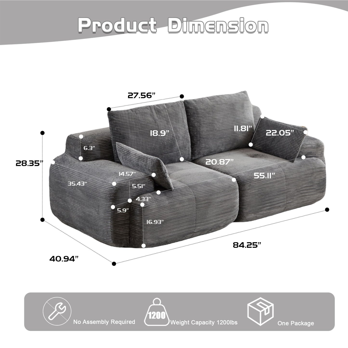 Compressed Sofa, 2 Seater Large Sectional Couches For Living Room - Gray