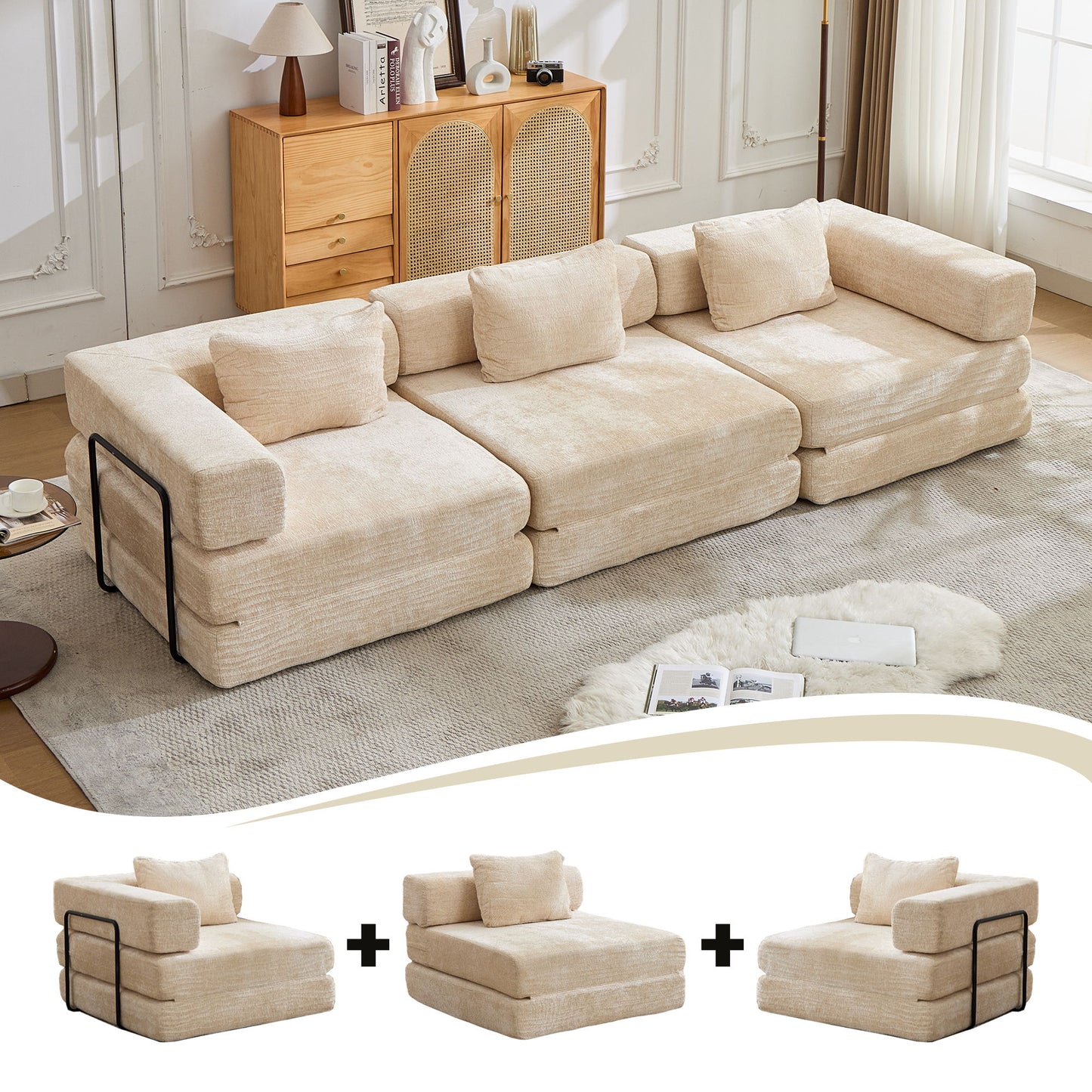 Convertible Floor Sofa Bed With Fixed Shape Frame, Boneless Modular Sectional Sofa, For Living Room - Beige