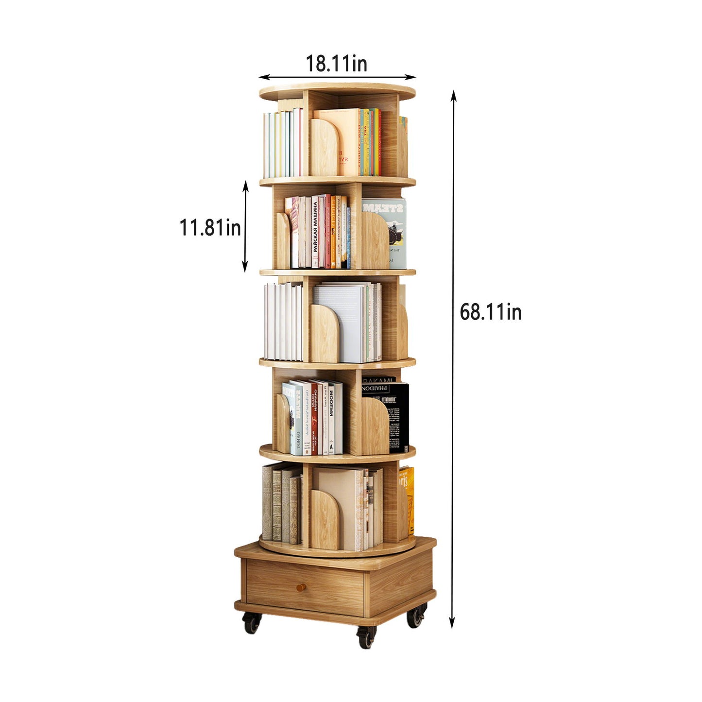 6 Tier Rotating Bookshelf With Wheels And Drawer, 360° Spinning Design, Space Saving Storage, For Home - Wood