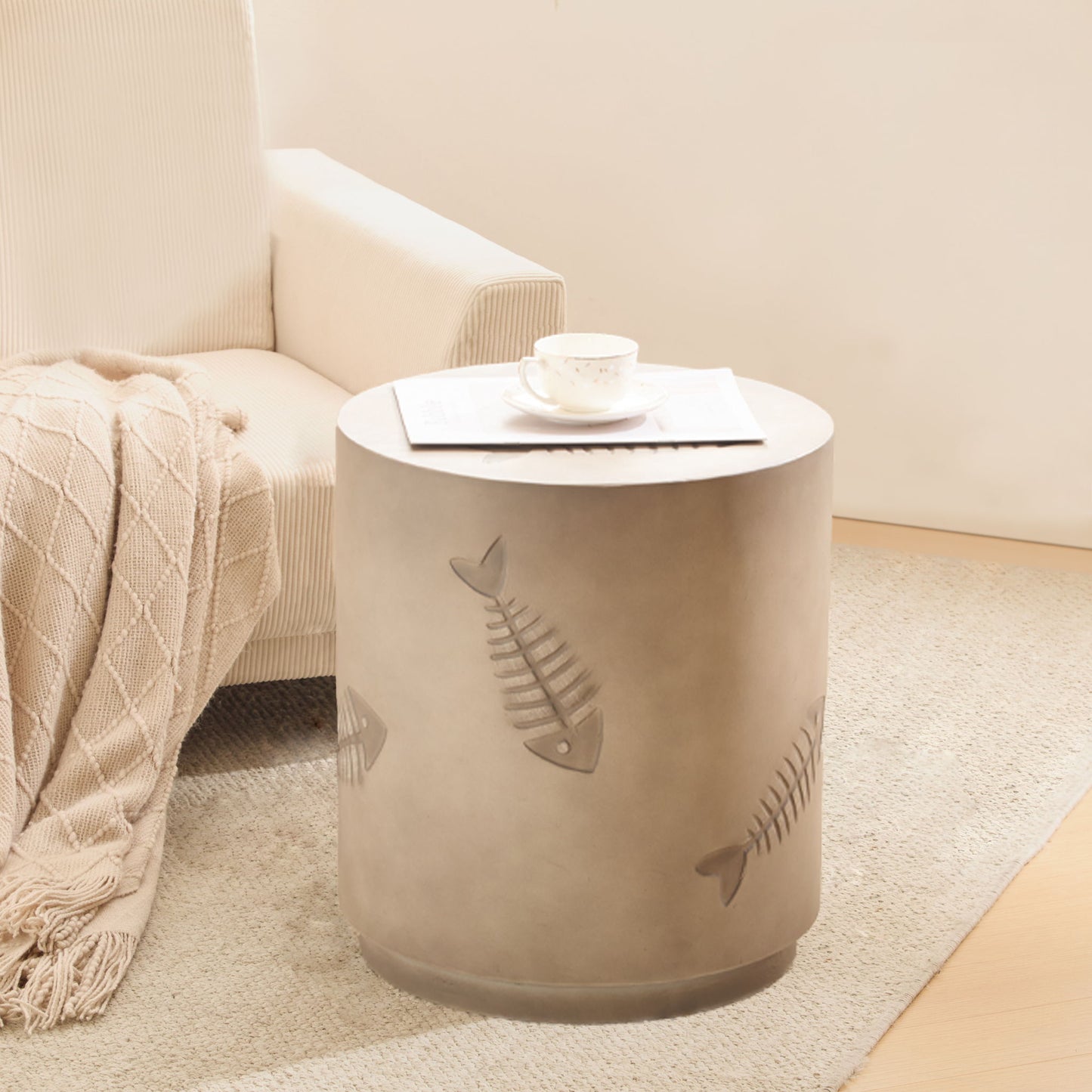 Rustic Magnesium Oxide Side Table With Fish Pattern Design - Gray