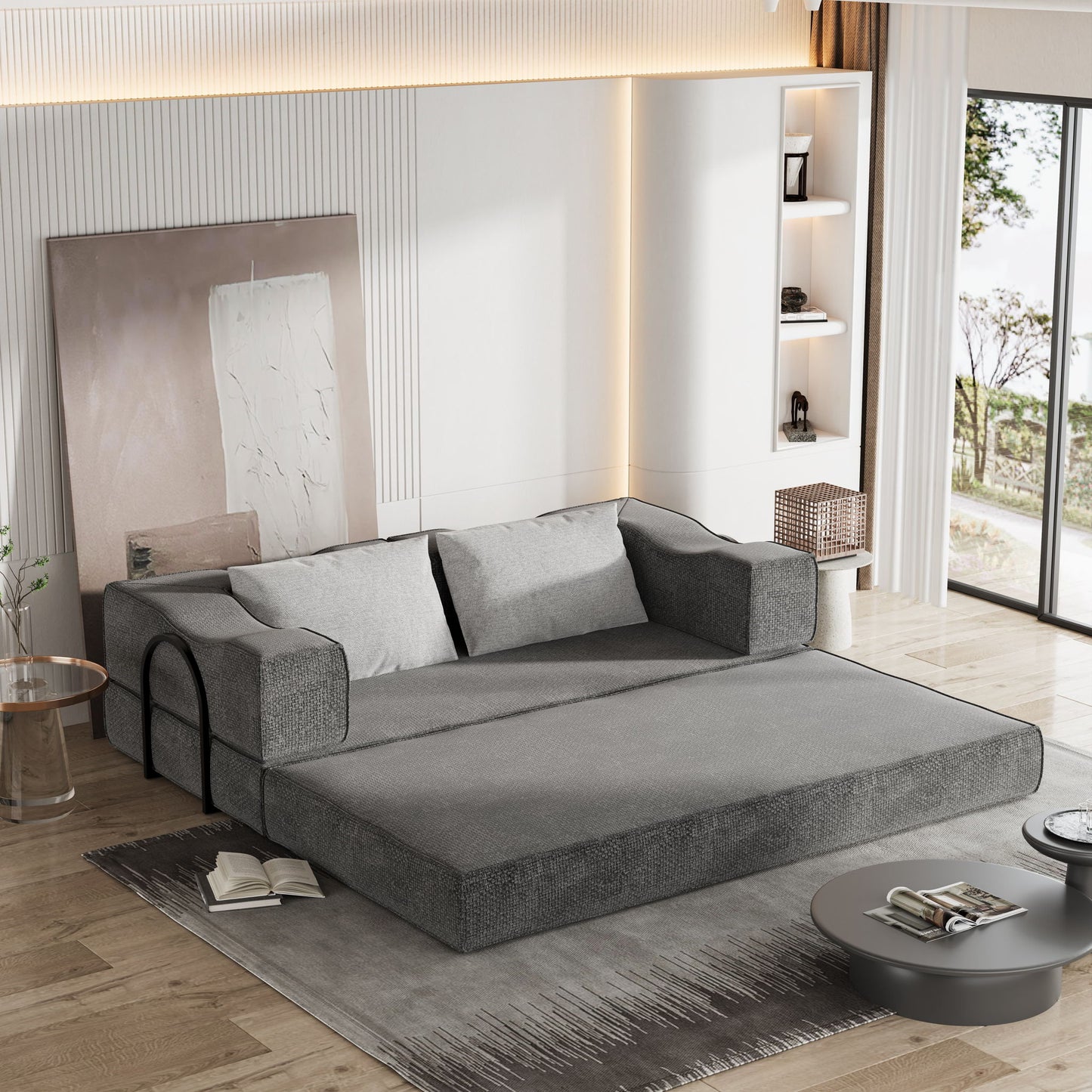 Convertible Couch Bed With 2 Pillows, 3 Seat Folding Floor Couch & King Size Bed Mattress, Diy Combination - Gray