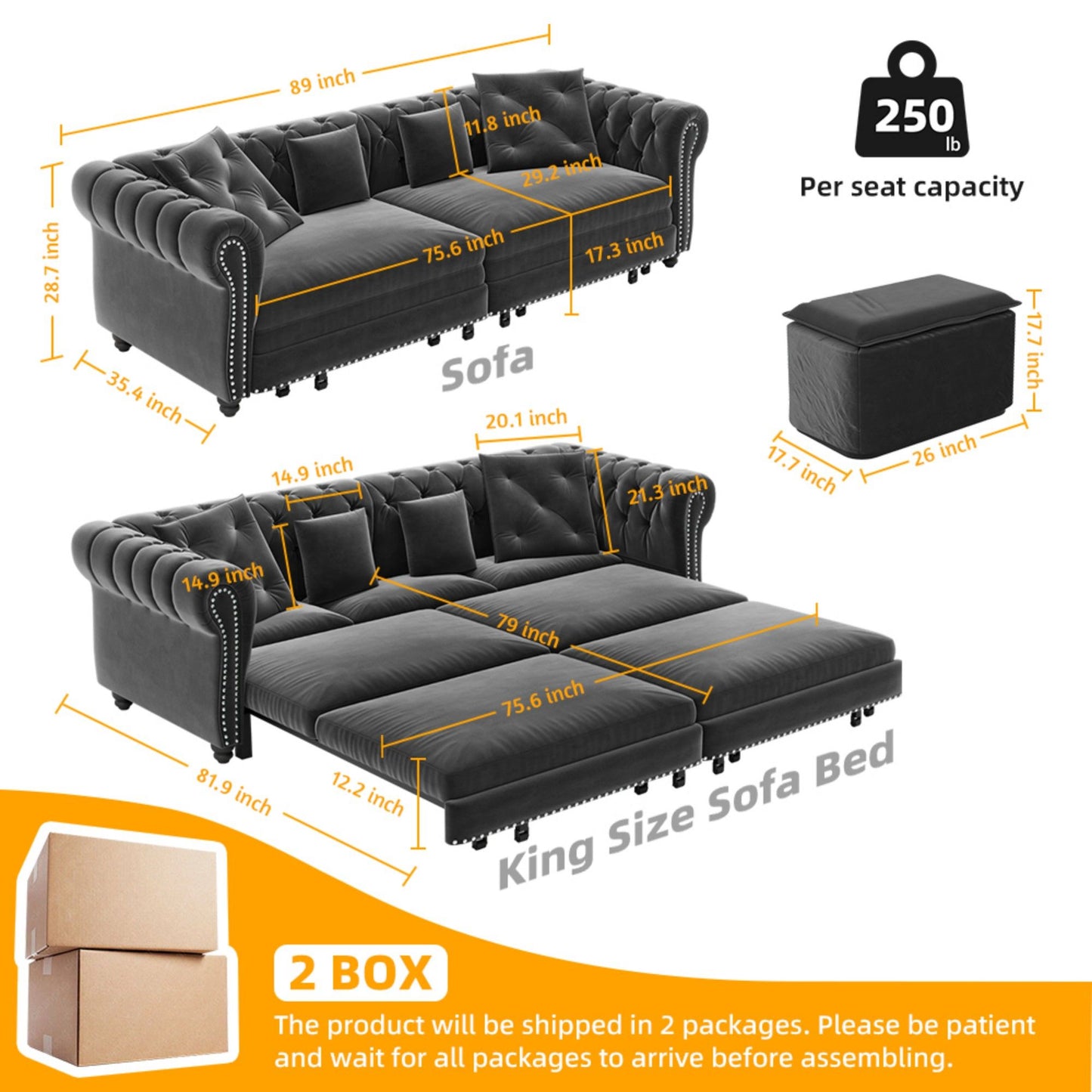 3 In 1 Pull Out Sofa Bed, Convertible Sleeper Sofa Bed, 3 Seater Sofa With Movable Ottoman - Gray