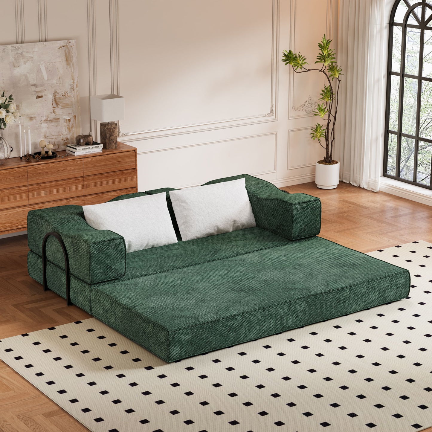 Convertible Couch Bed With 2 Pillows, 3 Seat Folding Floor Couch & King Size Bed Mattress, Diy Combination - Green