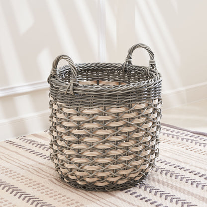 Round Resin Woven Wicker Multi Use Storage Basket With Handles - Cream / Gray