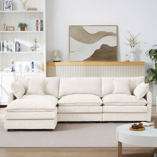 Modular Sectional Sofa Set With Movable Ottoman - Beige