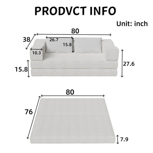 Convertible Couch Bed With 2 Pillows, 3 Seat Folding Floor Couch & King Size Bed Mattress, Diy Combination - Beige
