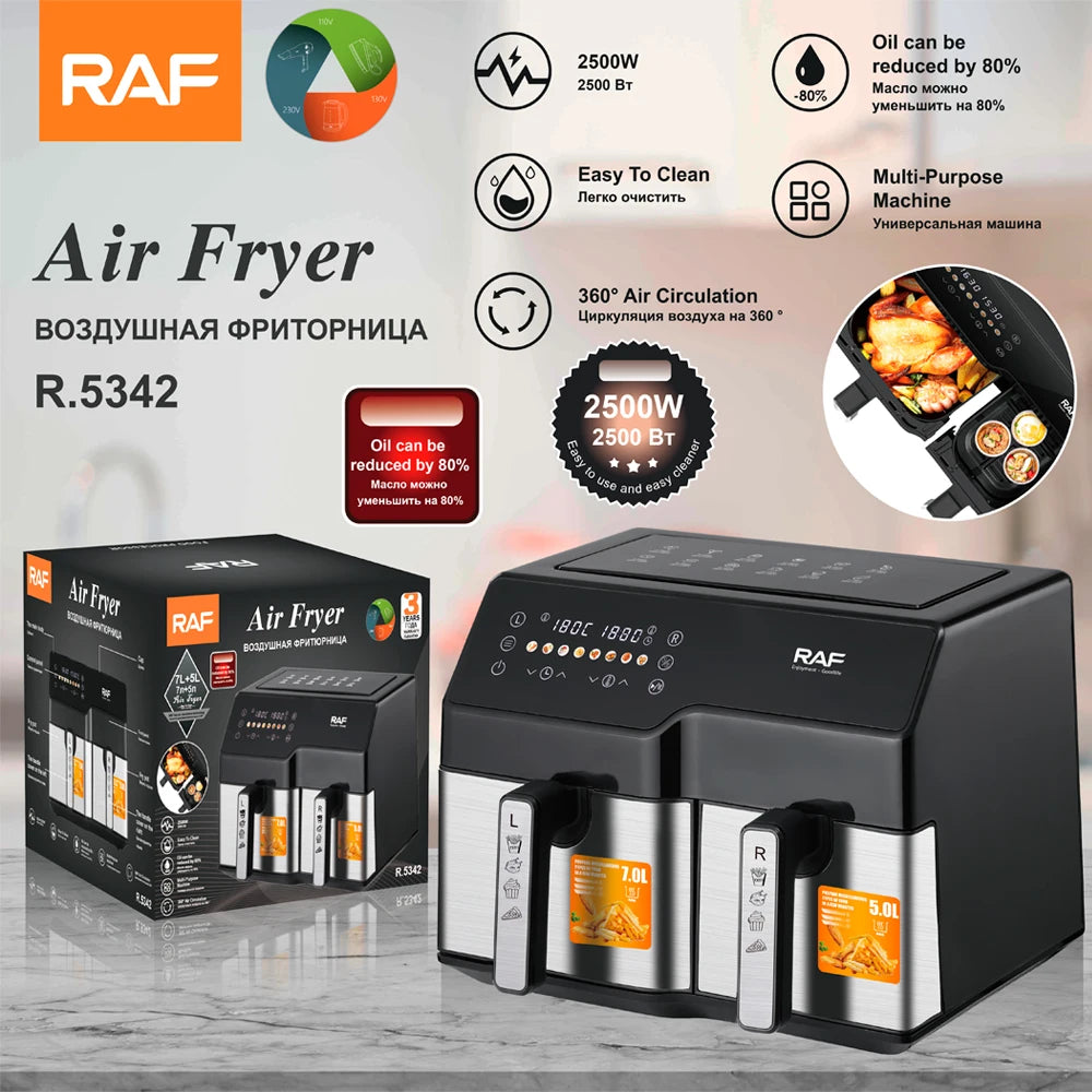 RAF Multifunctional Air Fryer Healthy Oil Free Dual Baskets Digital Control Air Fryer Oven Double Pot Electric Smart Air Fryer
