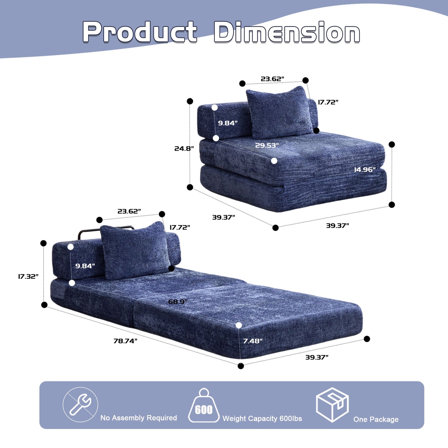 Convertible Floor Sofa Bed With Fixed Shape Frame For Living Room - Dark Blue