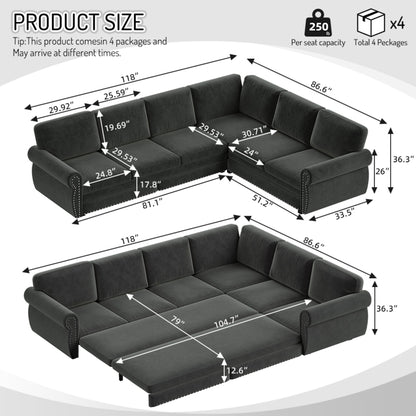 L-Shaped Sofa Couch With Pull Out Bed With Nailhead Trim & Rolled Arm, Sectional Couches, For Living Room - Dark Gray