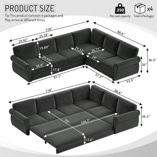 L-Shaped Sofa Couch With Pull Out Bed With Nailhead Trim & Rolled Arm, Sectional Couches, For Living Room - Dark Gray