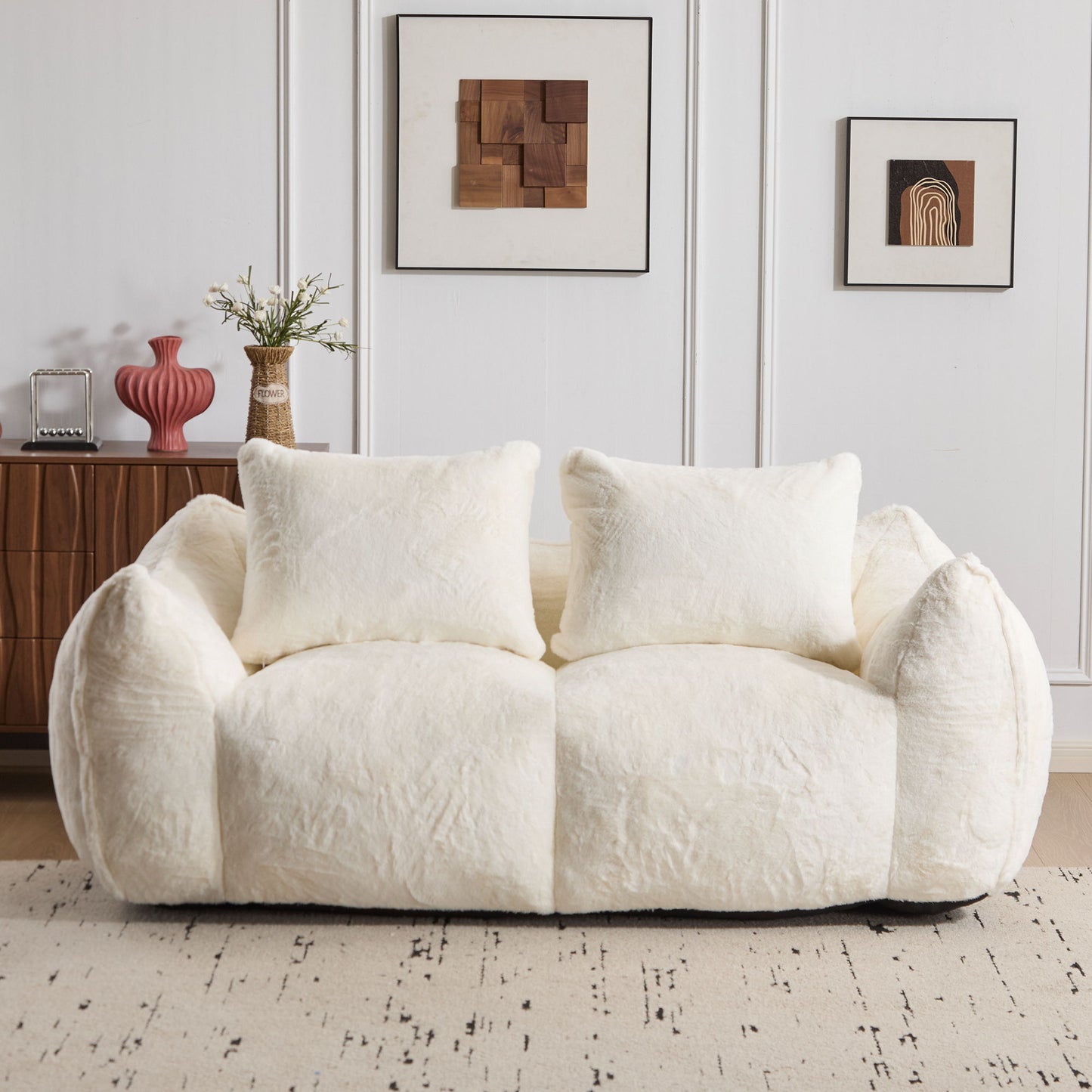 Giant Bean Bag Couch, Ultra Soft Fluffy Loveseat For Living Room Reading Chair With Pillows - White