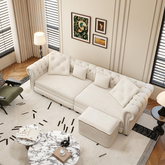 3 In 1 Pull Out Sofa Bed, Convertible Sleeper Sofa Bed, 3 Seater Sofa With Movable Ottoman - Beige