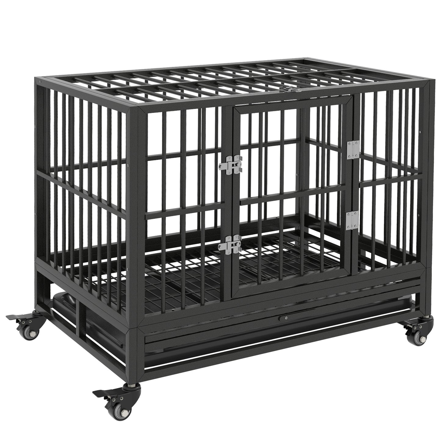PawHut Heavy Duty Dog Crate Metal Cage Kennel with Wheels, Double Door, Removable Tray, Gray 36'