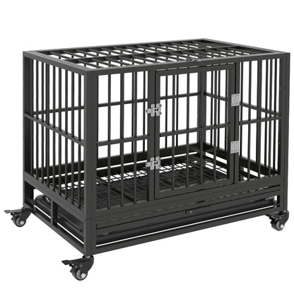 PawHut Heavy Duty Dog Crate Metal Cage Kennel with Wheels, Double Door, Removable Tray, Gray 36'