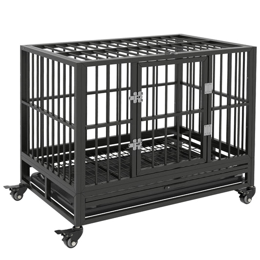 PawHut Heavy Duty Dog Crate Metal Cage Kennel with Wheels, Double Door, Removable Tray, Gray 36'