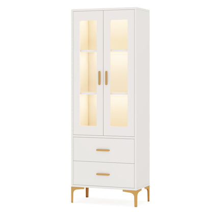 Bookcase With Doors, Drawers & RGB LED Light Tall Storage Cabinet For Living Room - White