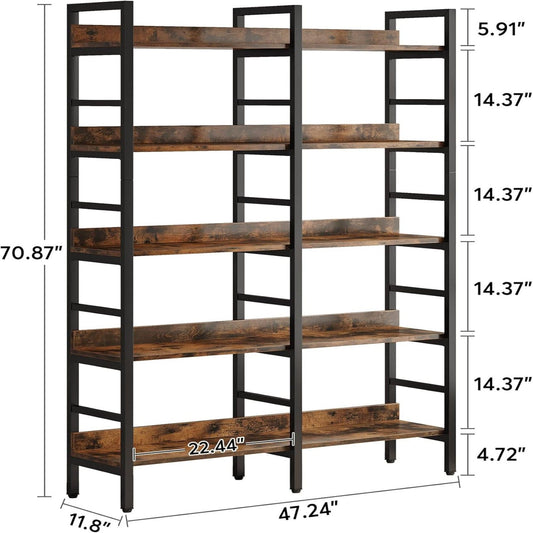 5 Tier Double Wide Bookshelf For Living Room - Rustic Brown