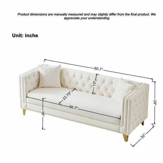 3 And 3 Seater Deep Seat Sofa With Button Nailhead And Square Arm Design - Beige