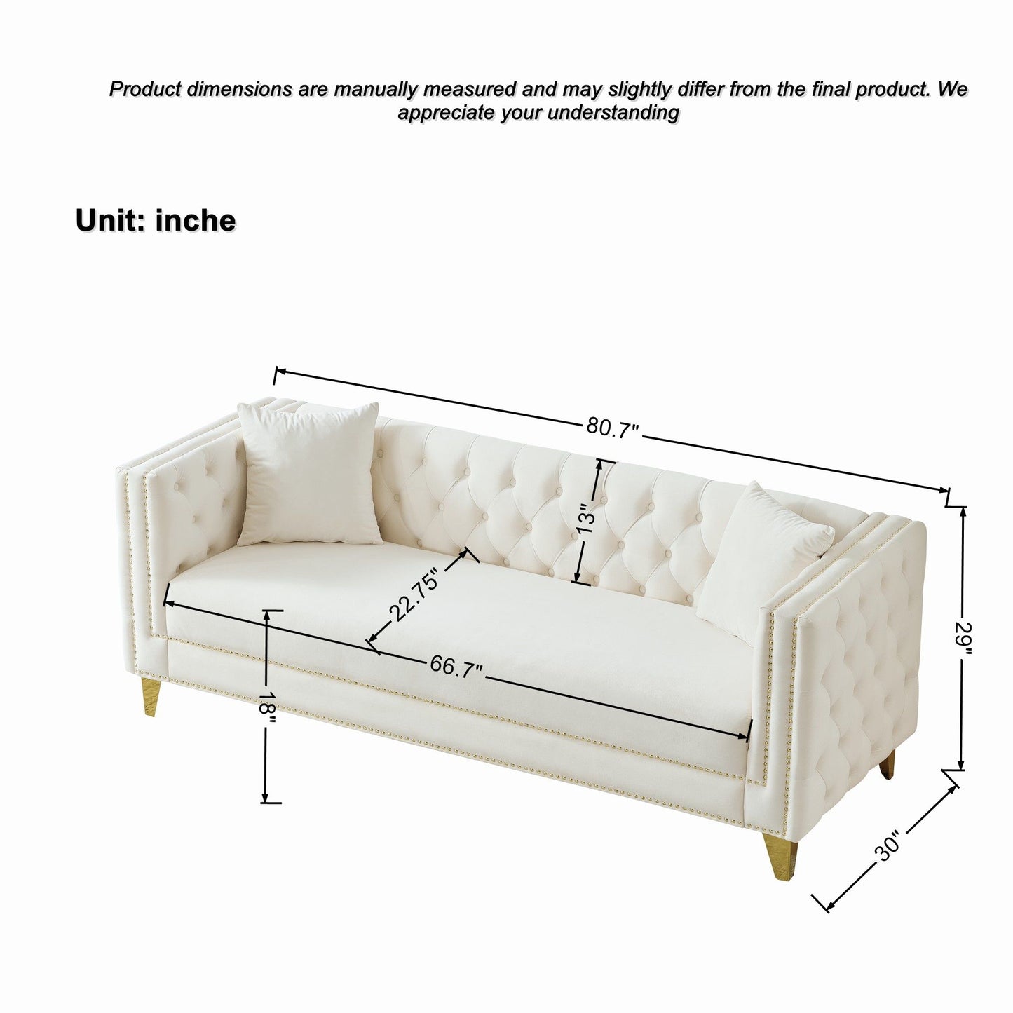 3 Seater Deep Seat Sofa, Sofa With Button Nailhead, Square Arm