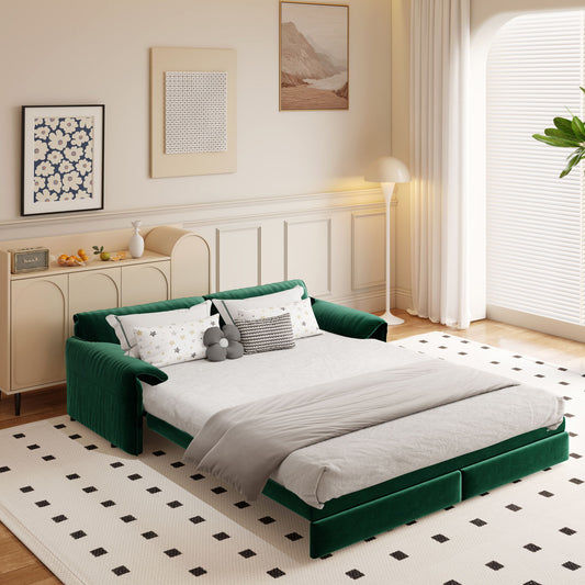 Queen Pull Out Sofa Bed, 3 In 1 Convertible Sleeper Sofa With Side Storage For Living Room - Green