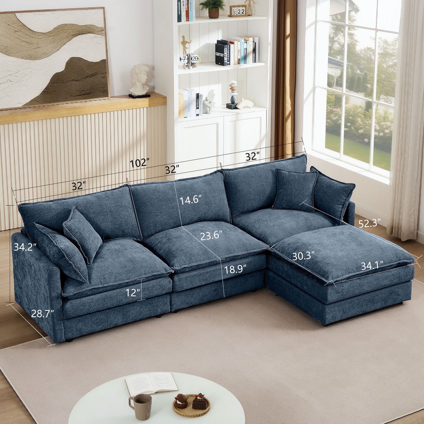 Modular Sectional Sofa L-Shaped Couch With Movable Ottoman - Blue