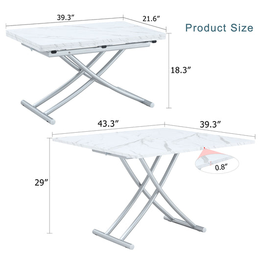 Modern Minimalist Multifunctional Lift Table With Metal Legs - White / Silver