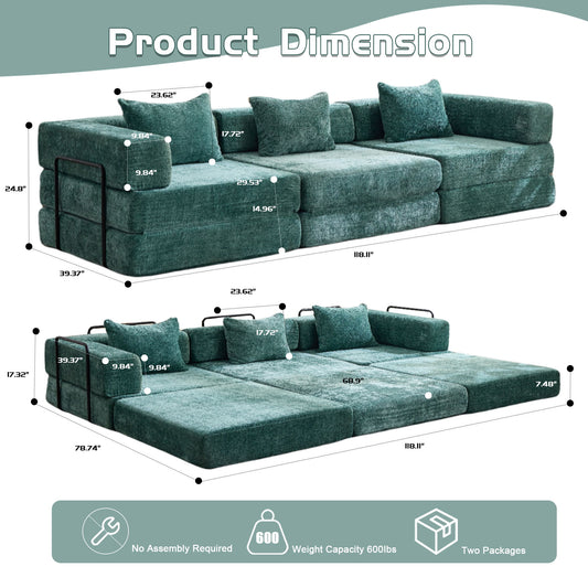 Convertible Floor Sofa Bed With Fixed Shape Frame, Boneless Modular Sectional Sofa, For Living Room - Dark Green