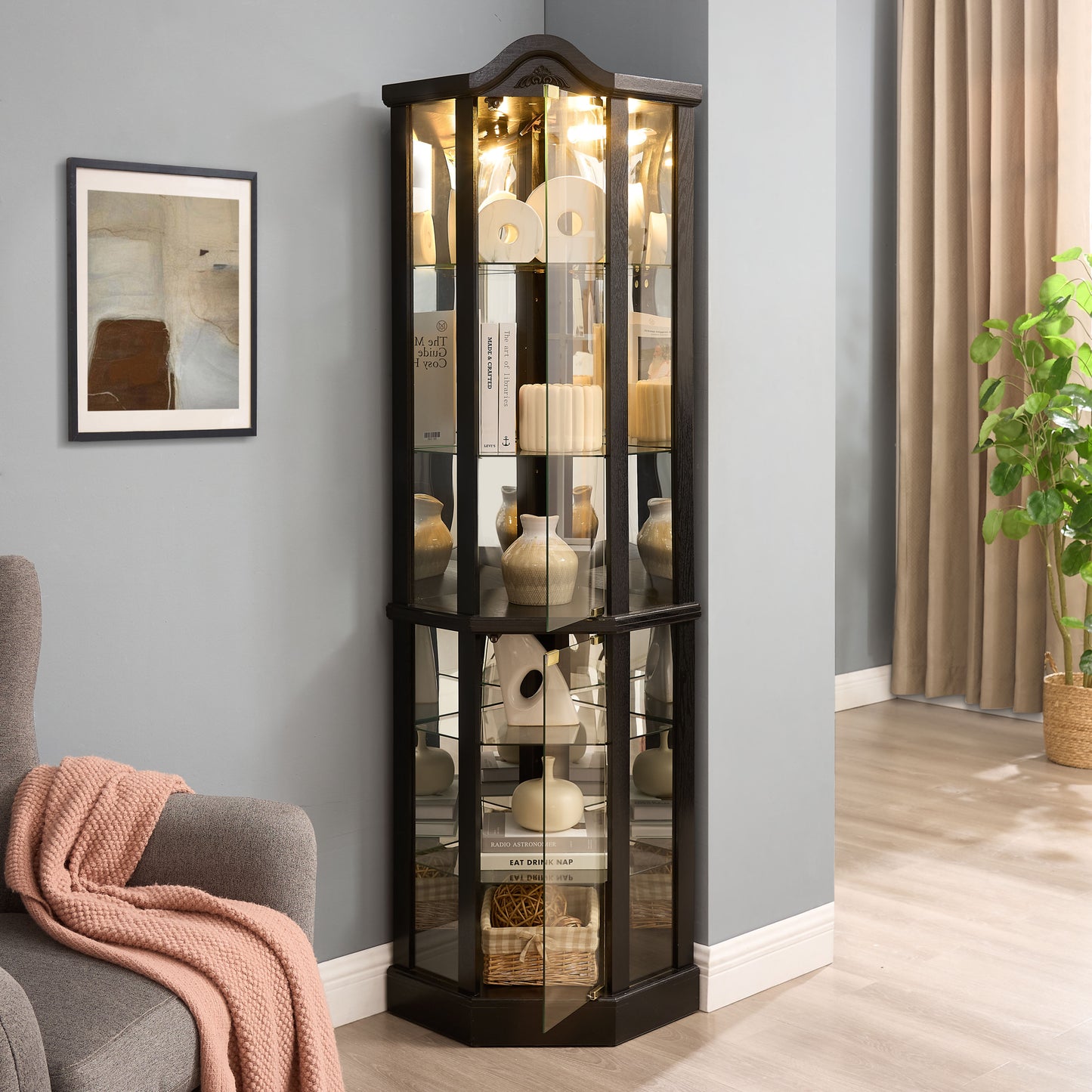 Lighted Glass Display Cabinet Corner Curio Cabinet with Adjustable Shelves Carved Cherry Decoration Wine Cabinet Perfect for Home or Office Use-BLACK