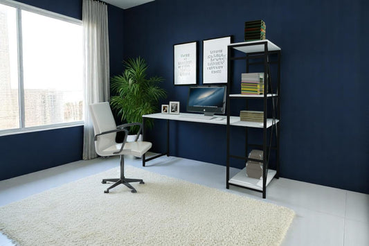Furnish Home Store Rasse Black Metal Frame 58' Wooden Top 2 Shelves Writing and Computer Desk for Home Office, Oak