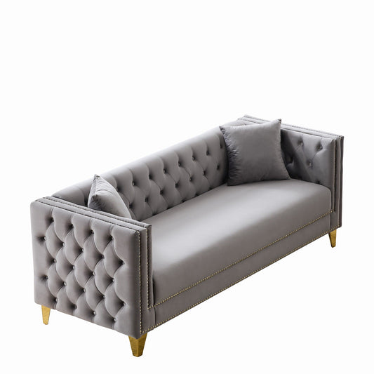 3 Seater Deep Seat Sofa, Sofa With Button Nailhead, Square Arm Couches, Furniture For Living Room - Gray