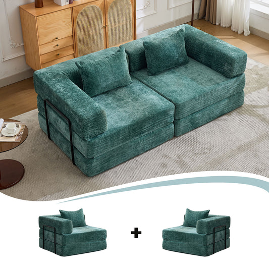 Convertible Floor Sofa Bed With Fixed Shape Frame, Loveseats Boneless Modular Sectional, For Living Room - Dark Green
