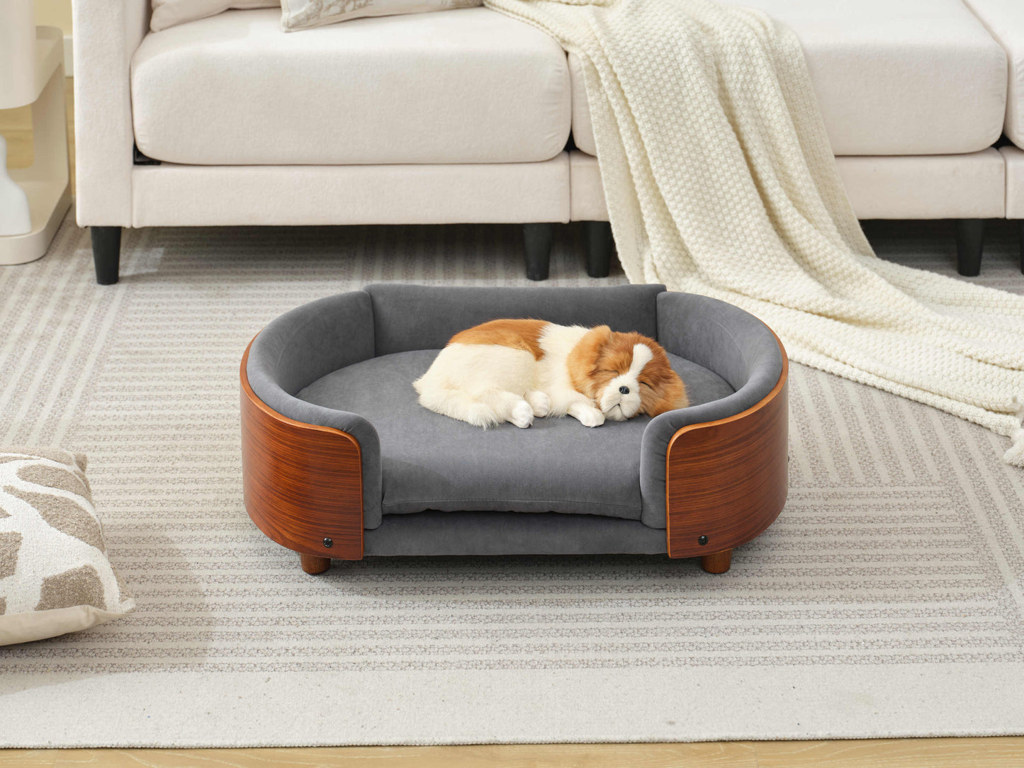 Scandinavian style Elevated Dog Bed Pet Sofa With Solid Wood legs and Walnut Bent Wood Back, Dark Grey Velvet,Mid Size