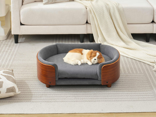 Scandinavian style Elevated Dog Bed Pet Sofa With Solid Wood legs and Walnut Bent Wood Back, Dark Grey Velvet,Mid Size
