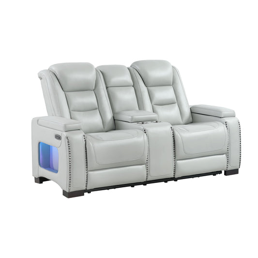 Power Console Loveseat With Power Headrest USB LED And Bookshelf Arms - Gray