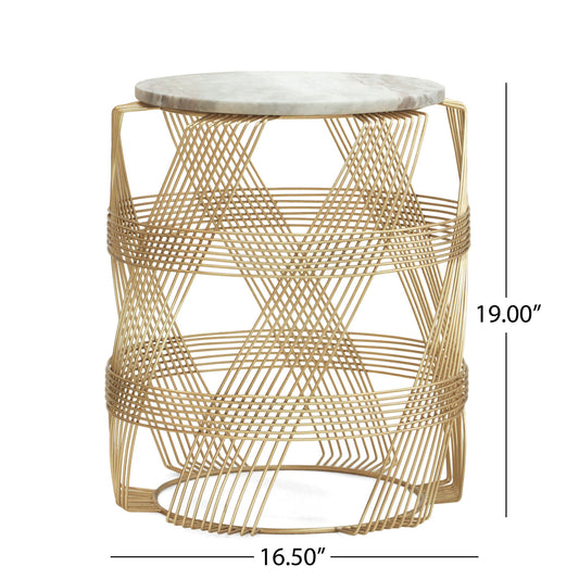 Round Table With Marble Top And Metal Base - Gold / Natural