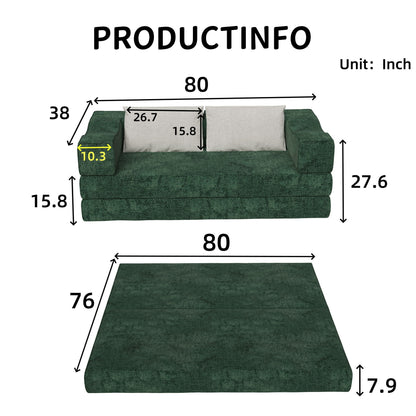 Convertible Couch Bed With 2 Pillows, 3 Seat Folding Floor Couch & King Size Bed Mattress, Diy Combination - Green