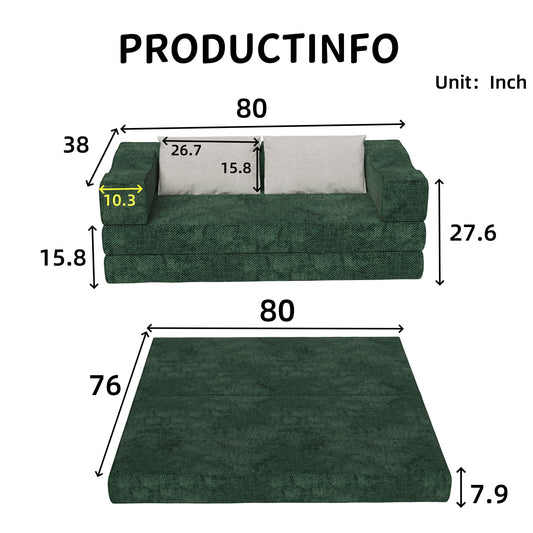 Convertible Couch Bed With 2 Pillows, 3 Seat Folding Floor Couch & King Size Bed Mattress, Diy Combination - Green