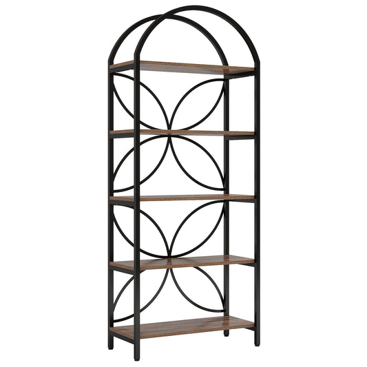 Tall 5 Tier Arched Bookshelf With Shelves For Living Room - Rustic Brown
