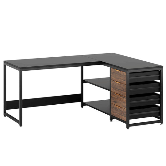 L-Shaped Computer Desk With Drawers And Shelves, Workstation For Home Office