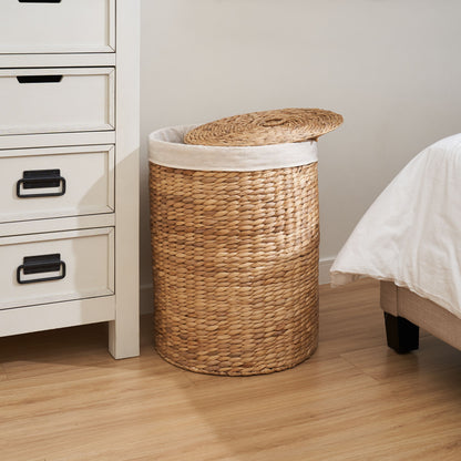 Round Tall Water Hyacinth Woven Wicker Laundry Hamper With Lid - For Clothes, Canvas, Toys And Book Storage With Removable Liner - 15" X 15" X 20" - Natural Brown