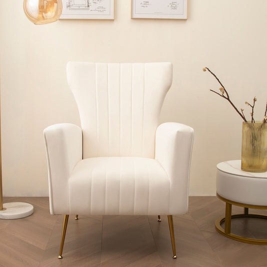 Velvet Wingback Accent Chair With Legs, Upholstered Single Sofa - White