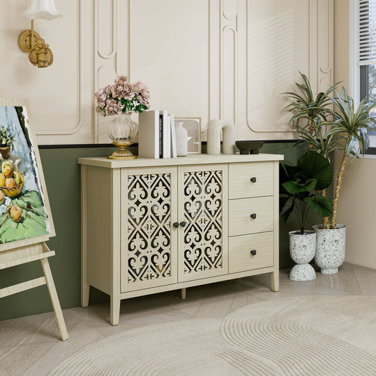 Hollowed Out Cabinet With 2 Door 3 Drawers, American Furniture, Suitable For Bedroom, Living Room, Study - Natural
