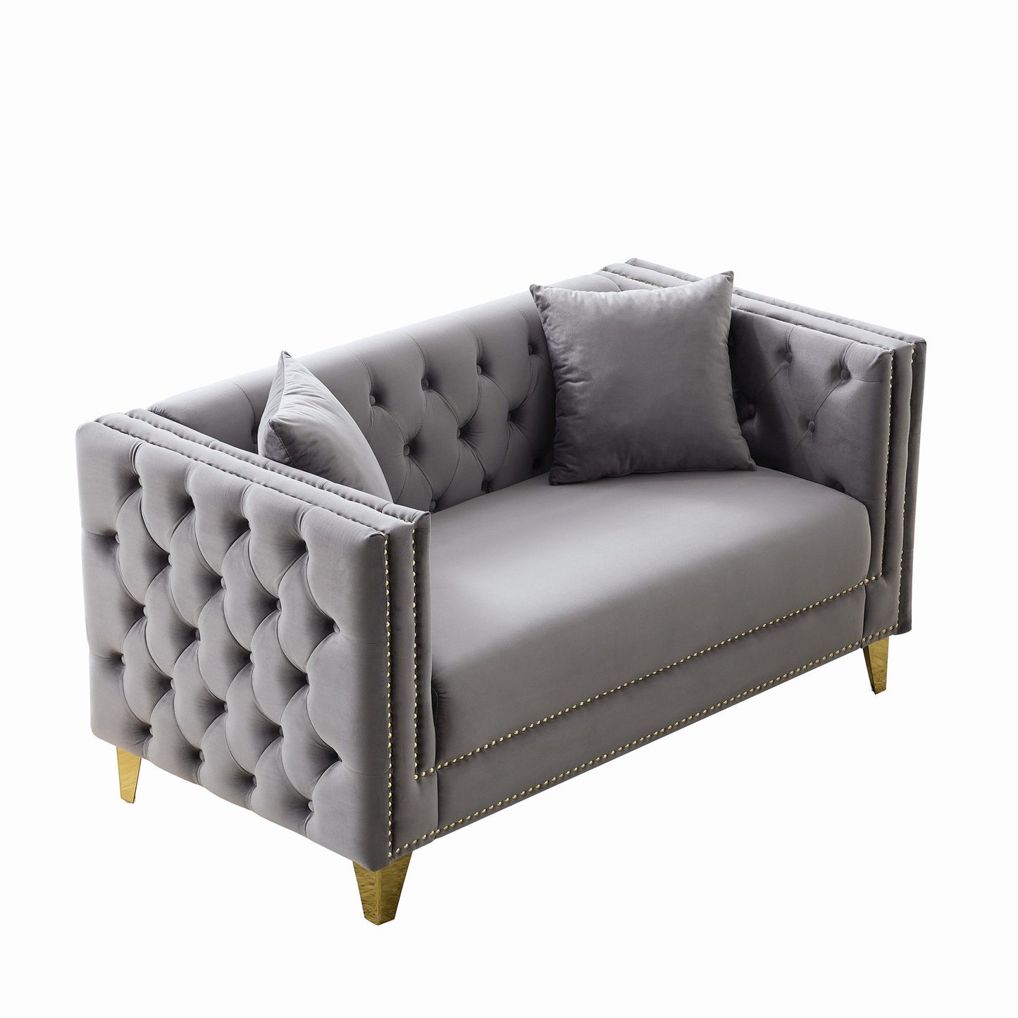 2 Seater Deep Seat Sofa, Sofa With Button Nailhead, Square Arm Couches, Furniture For Living Room - Gray