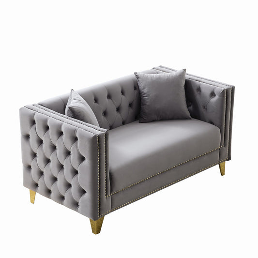 2 Seater Deep Seat Sofa, Sofa With Button Nailhead, Square Arm Couches, Furniture For Living Room - Gray